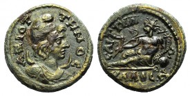 Lydia, Saïtta, c. 3rd century AD. Æ (21mm, 5.53g, 6h). Draped bust of Mên Aziottenus on crescent r., wearing Phrygian cap. R/ River-god Hermos reclini...