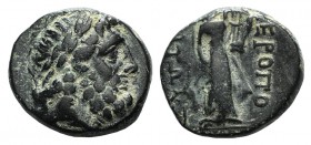 Phrygia, Hieropolis, c. 58-40 BC. Æ (14mm, 3.30g, 12h). Laureate head of Zeus r. R/ Apollo standing r., holding kithara. BMC 8; HGC 7, 698. Green pati...