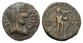 Phrygia, Tiberiopolis, 3rd century AD. Æ (20mm, 5.07g, 6h). Veiled and draped bust of Boule r. R/ Apollo standing facing, head l., holding branch and ...