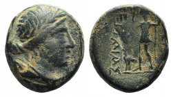Pamphylia, Perge, 2nd century BC. Æ (15mm, 5.21g, 12h). Bust of Artemis r., holding quiver over shoulder. R/ Artemis standing l., holding sceptre; in ...