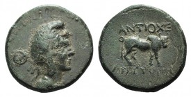 Pisidia, Antioch, c. 1st century BC. Æ (17mm, 4.28g, 1h). Draped bust of Mên r., wearing laureate Phrygian cap, set on crescent. R/ Bull standing r. S...