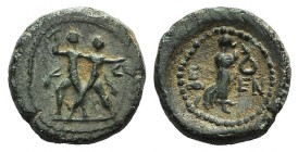 Pisidia, Etenna, c. 1st century BC. Æ (14mm, 2.90g, 1h). Two men standing side by side; the l. brandishing double-axe, the r. sickle. R/ Nymph advanci...