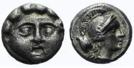 Pisidia, Selge, c. 350-300 BC. AR Obol (8mm, 0.91g, 12h). Facing gorgoneion. R/ Helmeted head of Athena r.; astralagos behind. SNG BnF 1930. Slightly ...