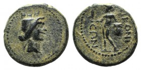 Lycaonia, Eikonion, c. 1st century BC. Æ (16mm, 4.20g, 12h). Turreted head of Tyche r. R/ Perseus standing l., holding harpa and head of Medusa. SNG B...
