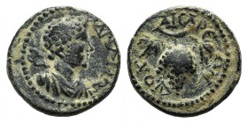 Cilicia, Diocaesarea. Pseudo-autonomous issue, 2nd century AD. Æ (15.5mm, 3.73g, 12h). Draped bust of Hermes r., caduceus over shoulder. R/ Grape bunc...