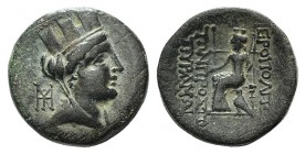 Cilicia, Hieropolis-Kastabala, c. 2nd-1st century BC. Æ (18mm, 6.96, 12h). Turreted bust of Tyche r., monogram behind. R/ Goddess seated l., holding s...