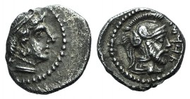 Cilicia, Tarsos. Tarkumuwa (Datames, Satrap, 384-361/0 BC). AR Obol (9mm, 0.82g, 7h). Head of female r. R/ Helmeted and bearded head of Datames r. Cas...