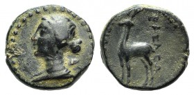 Kings of Cappadocia, Ariarathes IV (220-163 BC). Æ Chalkous (16mm, 4.44g, 12h), Eusebeia Tyana. Draped bust of Artemis l., holding quiver on shoulder....