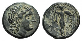 Seleukid Kings, Seleukos I (312-281). Æ (18mm, 5.89g, 12h). Laureate head of Apollo r. R/ Athena advancing r., holding spear and shield. SC 17.1; HGC ...
