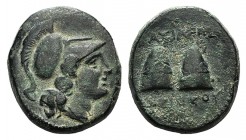 Seleukis Kings, Antiochos I (281-261 BC). Æ (20mm, 7.33g, 12h). Helemted head of Athena r. R/ Pileii surmounted by stars. SC 332; HGC 9, 146. VF