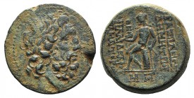 Seleukid Kings, Demetrios II (146-138 BC). Æ (24mm, 15.33g, 1h). Antioch, c. 146/5. Laureate head of Zeus r. R/ Apollo Delphios seated l. SC 1912.1e; ...