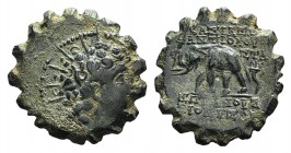 Seleukid Kings, Antiochos VI (144-141 BC). Æ Serrate (22mm, 6.53g, 2). Antioch. Diademed and radiate head r. R/ Elephant walking l. ΣTA and cornucopia...