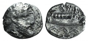 Phoenicia, Arados, c. 348-338 BC. AR Tetrobol (7mm, 0.65g, 12h). Laureate head of deity r. R/ Prow of galley r.; three wavy lines below. Betlyon p. 90...