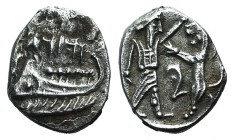 Phoenicia, Sidon, c. 375-333 BC. AR Obol (10mm, 0.55g, 12h). Galley l. R/ Persian king battling lion. HGC 10. Good VF