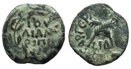 Judaea, Procurators. Antonius Felix (52-59 CE). Æ prutah (15mm, 2.38g, 5h). Jerusalem, year 14 of Claudius (54/5). Legend within wreath tied at bottom...