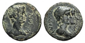 Gaius (Caligula, 37-41). Lydia, Philadelphia. Æ (17mm, 3.93g, 12h). Melanthos, priest of Germanicus. Bare head of Gaius r. R/ Jugate laureate and drap...