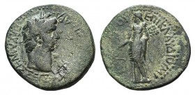 Nero (54-68). Phrygia, Prymnessus. Æ (21mm, 4.39g, 11h). Ti. Iulios Proklos, magistrate. Laureate head r. R/ Dikaiosyne standing l., holding scales an...