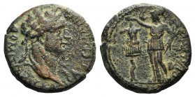 Domitian (69-81). Pamphylia, Side. Æ (22mm, 7.77g, 11h). Laureate head r. R/ Athena standing l., holding thunderbolt; in l. field, trophy. RPC II –. A...