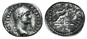 Domitian (Caesar, 69-81). Cappadocia, Caesarea. AR Drachm (18mm, 3.27g, 6h). Laureate head r. R/ Homonoia seated l. on throne, holding patera and scep...
