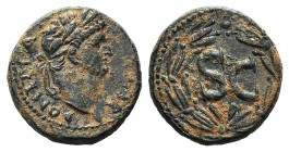Domitian (81-96). Seleucis and Pieria, Antioch. Æ (22mm, 8.44g, 12h). AD 81-3. Laureate head r. R/ Large SC within laurel wreath. RPC II 2022. Brown p...