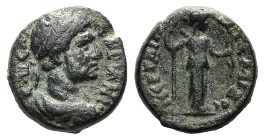 Hadrian (117-138). Pamphylia, Perge. Æ (13mm, 2.81g, 12h). Laureate and draped bust r. R/ Artemis standing r., holding arrow and bow. RPC III 2702; cf...
