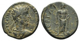 Marcus Aurelius (161-180). Pamphylia, Perge. Æ (24mm, 10.74g, 6h). Laureate, draped and cuirassed bust r. R/ Asclepius standing facing, head l., holdi...