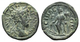 Marcus Aurelius (161-180). Pisidia, Isinda, Æ (23mm, 7.17g, 6h). Laureate and draped bust r. R/ Tyche standing l., wearing kalathos and holding rudder...