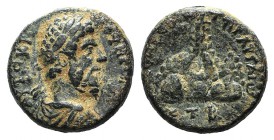 Lucius Verus (161-169). Cappadocia, Caesarea. Æ (20mm, 8.28g, 12h). Dated RY 5 (AD 165). Laureate, draped, and cuirassed bust r. R/ Mt. Argaeus culmin...