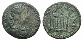 Commodus (177-192). Cilicia, Anazarbus. Æ (27mm, 11.31g, 12h), year 202 (183/4). Laureate, draped and cuirassed bust r. R/ Decastyle temple on architr...