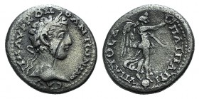 Commodus (177-192). Cappadocia, Caesarea-Eusebia. AR Didrachm (20mm, 4.11g, 12h). AD 183-6. Laureate head r. R/ Nike standing r. on globe, holding pal...