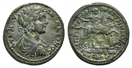 Caracalla (198-217). Lydia, Sardis. Æ (30mm, 13.39g, 6h). Laureate, draped and cuirassed bust r. R/ Emperor galloping r. and holding spear. SNG von Au...