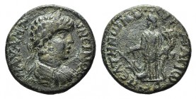 Caracalla (198-217). Phrygia, Peltai. Æ (20mm, 6.43g, 6h) Tat. Arionos, strategos. Laureate, draped and cuirassed bust r. R/ Tyche standing l., holdin...