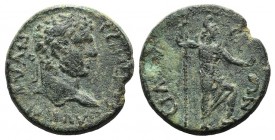 Caracalla (198-217). Pamphylia, Sillyum. Æ (24mm, 9.45g, 6h). Laureate head r. R/ Mên standing r., wearing Phrygian cap, foot on bucranium, holding pi...