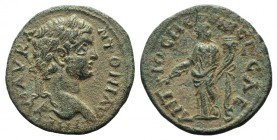 Caracalla (198-217). Pisidia, Antioch. Æ (23mm, 5.61g, 7h). Laureate head r. R/ Genius standing l., holding branch and cornucopia. SNG BnF 1180-3 (Ela...