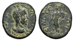 Macrinus (217-218). Pamphylia, Sillyum. Æ (20mm, 5.01g, 6h). Laureate and draped bust r. R/ Tyche standing l., holding rudder and cornucopia. SNG von ...