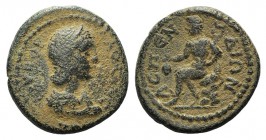 Julia Paula (Augusta, 219-220). Pamphylia, Aspendus. Æ (18mm, 4.05g, 6h). Diademed and draped bust r. R/ Hermes seated left on rock, holding purse and...