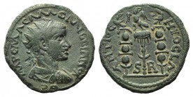 Valerian I (253-260). Pisidia, Antioch. Æ (22mm, 5.12g, 6h). Radiate and cuirassed bust r., seen from behind. R/ Vexillum surmounted by an eagle, betw...