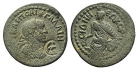 Gallienus (253-268). Pamphylia, Side. Æ (30mm, 16.32g, 12h). Laureate, drpaed and cuirassed bust r.; c/m: E. R/ Tyche seated l. SNG BnF 906-8; for c/m...