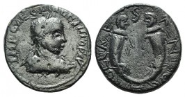 Gallienus (253-268). Pisidia, Antioch. Æ (29mm, 14.59g, 12h). Laureate, draped and cuirassed bust r. R/ Two cornucopias surmounted by the heads of Val...