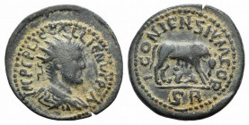 Gallienus (253-268). Lycaonia, Iconium. Æ (27mm, 6.31g, 7h). Radiate, draped and cuirassed bust r. R/ Wolf standing r., suckling the twins. SNG von Au...