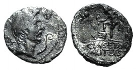 Sextus Pompey (42-40 BC), Uncertain Sicilian mint, AR Denarius (17.5mm, 3.24g, 3h). Bare head of Pompey the Great r.; capis to l., lituus to r. R/ Nep...