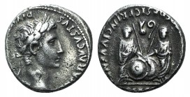 Augustus (27 BC-AD 14). AR Denarius (17mm, 3.76g, 11h). Lugdunum, 2 BC-AD 4. Laureate head r. R/ Caius and Lucius Caesars standing facing, holding shi...