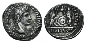 Augustus (27 BC-AD 14). AR Denarius (19mm, 3.64g, 5h). Lugdunum, 2 BC-AD 12. Laureate head r. R/ Caius and Lucius Caesars standing facing, holding shi...