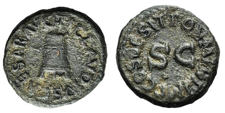 Claudius (41-54). Æ Quadrans (17mm, 3.21g, 6h). Rome, AD 41. Modius. R/ SC; arou...