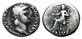 Nero (54-68). AR Denarius (15mm, 3.10g, 6h). Rome, c. 65-6. Laureate head r. R/ Salus seated l. on ornamented throne, holding patera. RIC I 60; RSC 31...
