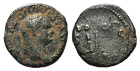 Titus (79-81). Æ Semis (17mm, 3.77g, 6h). Uncertain Thracian Mint, AD 80-1. Head laureate r. R/ Judaea seated l. on shield in attitude of mourning to ...