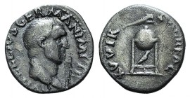 Vitellius (AD 69). AR Denarius (18mm, 3.07g, 6h). Rome, c. late April-20 December. Bare head r. R/ Tripod-lebes surmounted by dolphin r.; below, raven...
