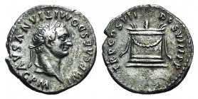 Domitian (81-96). AR Denarius (18mm, 3.32g, 6h). Rome, AD 81. Laureate head r. R/ Garlanded and lighted altar. RIC II 43; RSC 577. About VF