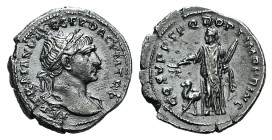 Trajan (98-117). AR Denarius (20mm, 3.16g, 6h). Rome, AD 110. Laureate bust r., slight drapery. R/ Arabia standing l., holding branch and bundle of ca...