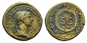 Trajan (98-117). Æ Dupondius (24mm, 8.76g, 6h). Rome, AD 115. Radiate and draped bust r. R/ SC within laurel wreath. RIC III 647. Good VF